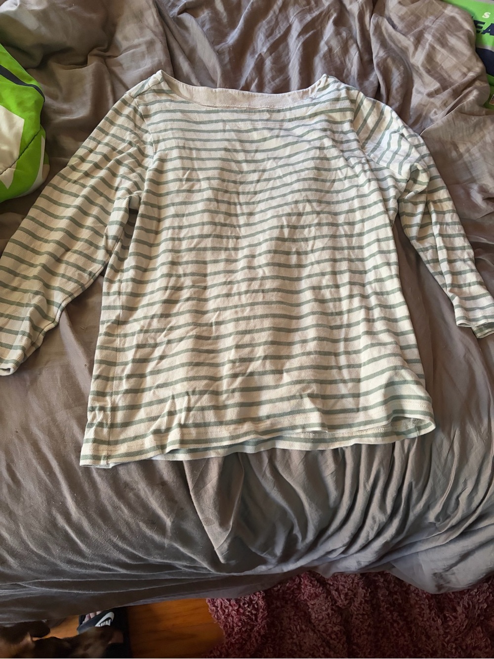 Lands' End Cream and Light Green Striped Boatneck 3/4 sleeve Top